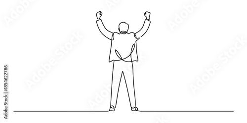 A single line drawing of a triumphant businessman with raised fists Vector, illustration