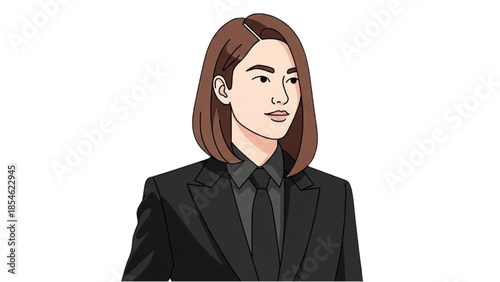 A professional woman in a business suit is depicted in a simple illustration style.