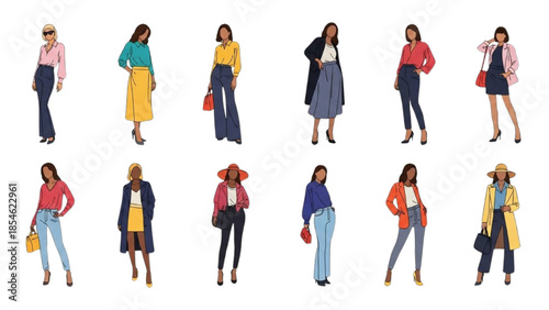 Illustrations of women wearing various outfits and accessories in different poses