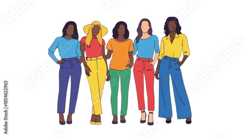 Group of women standing together in colorful outfits against a plain white background