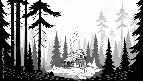Cozy cabin nestled in a dense pine forest with smoke rising from chimney.