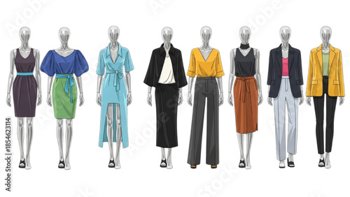 Mannequins showcasing diverse fashion styles and outfits in a minimalist setting