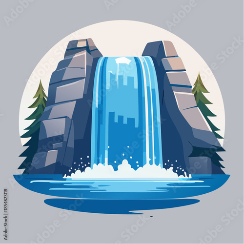 Cartoon illustration of a waterfall cascading between rocky cliffs into a pool of water, flanked by evergreen trees.
