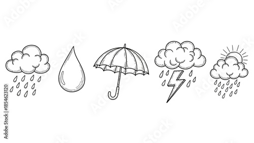 Hand drawn weather icons set showing rain droplet umbrella thunderstorm and sun