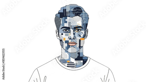 A digitally illustrated portrait of a man with geometric patterns on his face