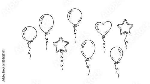 Hand drawn outline party balloons star and heart shapes in simple sketch style