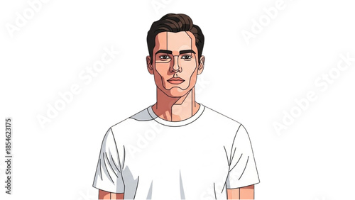 A young man wearing a white t-shirt is standing against a plain white background
