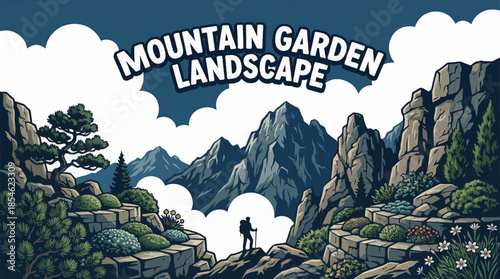 mountain garden adapted to high elevation, featuring hardy plants, rocks, and natural slopes, blending cultivated beauty with rugged alpine surroundings
