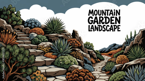 mountain garden adapted to high elevation, featuring hardy plants, rocks, and natural slopes, blending cultivated beauty with rugged alpine surroundings