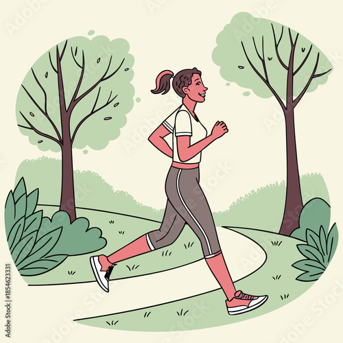Young woman jogging along a path in a green park setting  