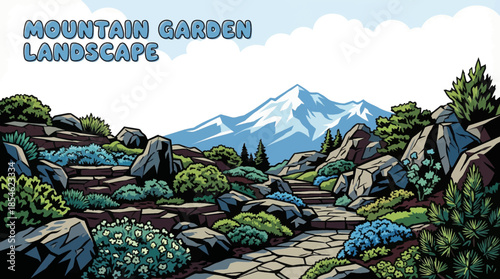 mountain garden adapted to high elevation, featuring hardy plants, rocks, and natural slopes, blending cultivated beauty with rugged alpine surroundings