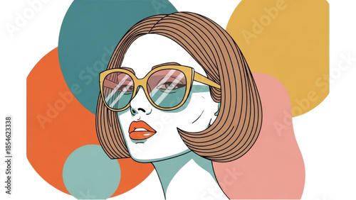 A fashionable woman wearing sunglasses is illustrated in a modern art style with vibrant colors and abstract shapes