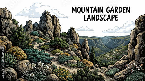 mountain garden adapted to high elevation, featuring hardy plants, rocks, and natural slopes, blending cultivated beauty with rugged alpine surroundings