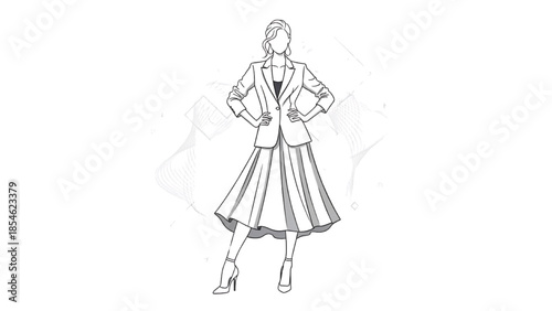 A confident woman standing with hands on hips in a fashionable dress and high heels