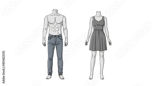 Male and female mannequins dressed in casual attire standing against a white background from a front viewpoint