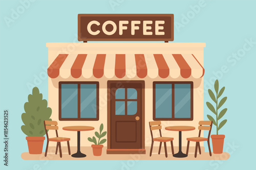 Coffee Shop Building with Striped Awning Illustration