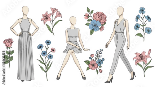 Fashionable women in various poses surrounded by flowers