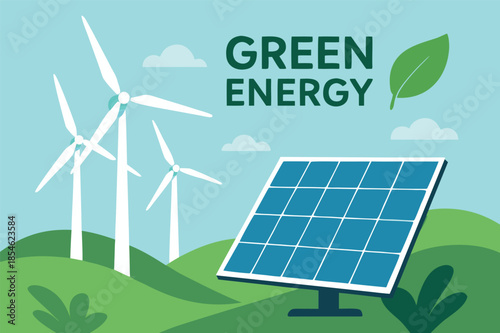 Green Energy Concept with Wind Turbines and Solar Panel Illustration