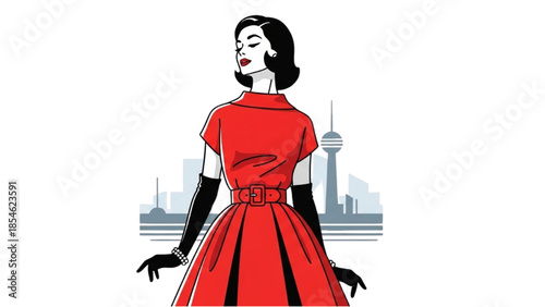 A woman in a red dress stands confidently in front of a cityscape