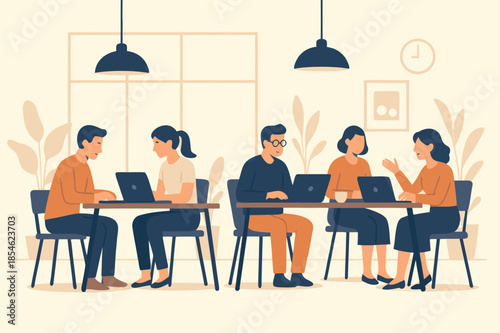 Coworking Office Scene with People Using Laptops Illustration