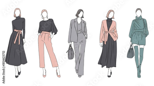Fashion illustration of diverse women's outfits and accessories for various occasions and styles