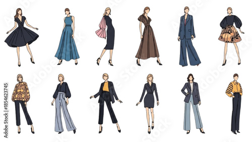 Fashion illustrations of women in various outfits and poses against a white background from a front viewpoint