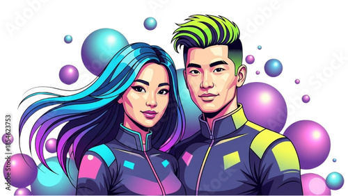 Futuristic couple in neon jumpsuits surrounded by vibrant, glowing orbs in a high-tech environment