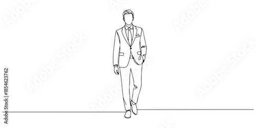 Continuous one line of a man wearing a tailored suit, continuous line design symbolizing elegance and lifestyle hand drawn vector illustration.