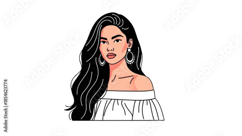 Illustration of a woman with long black hair wearing white off-shoulder top