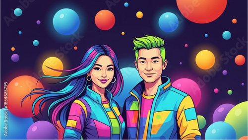 Vibrant cartoon couple standing together surrounded by colorful balls in a fantasy space scene illustration