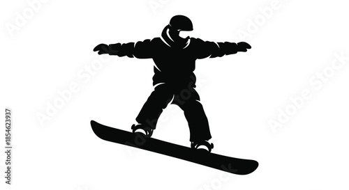 A dynamic black silhouette of a snowboarder in mid air demonstrating a thrilling winter sport silhouette