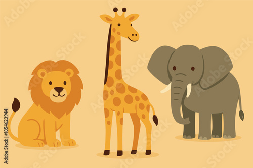 African Safari Animals Set with Lion Giraffe and Elephant Illustration