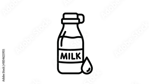 Black outline milk bottle icon with milk drop simple line art design