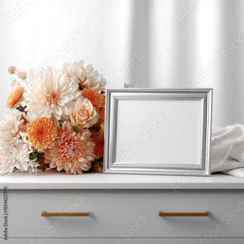 Elegant still life featuring a silver picture frame next to a bouquet of colorful flowers