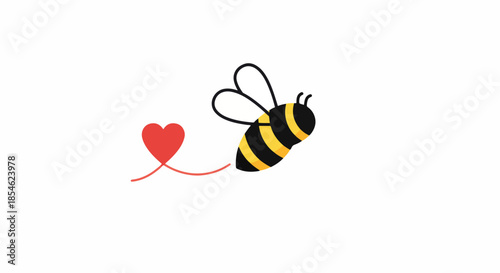 Cute cartoon bee flying with a red heart symbol of love and affection.