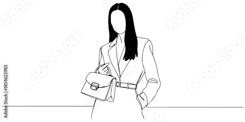 Continuous one line of a model posing with handbag, symbolizing chic lifestyle , hand drawn vector illustration.