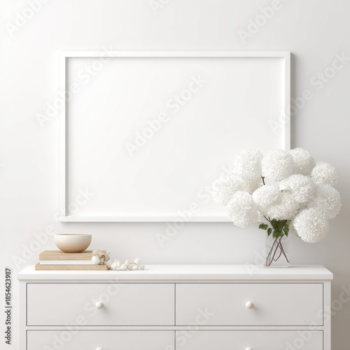 Bright interior, white frame on wall above dresser with vase of flowers and books