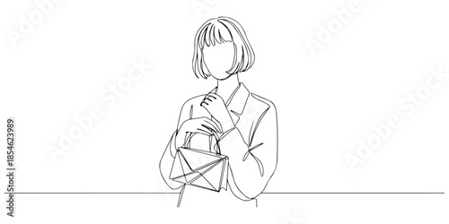 Continuous one line of a model posing with handbag, symbolizing chic lifestyle , hand drawn vector illustration.