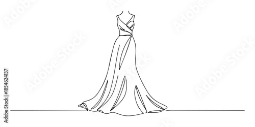 Continuous one line of a flowing evening gown, symbolizing elegance and glamour, hand drawn vector illustration.