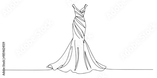 Continuous one line of a flowing evening gown, symbolizing elegance and glamour, hand drawn vector illustration.