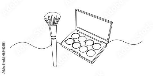 Continuous one line of a makeup brush and palette, representing beauty lifestyle, hand drawn vector illustration.