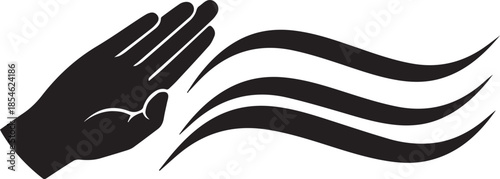 Black silhouette of a hand with flowing lines representing air or wind