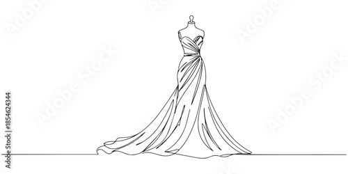 Continuous one line of a dress on a mannequin, symbolizing haute couture style, hand drawn vector illustration.