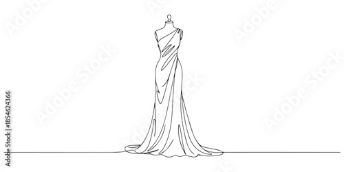 Continuous one line of a dress on a mannequin, symbolizing haute couture style, hand drawn vector illustration.