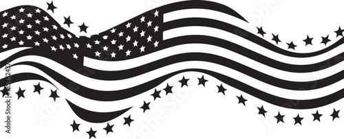 Waving black and white american flag with stars border