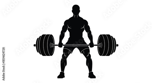 A powerful weightlifter in a dynamic pose preparing to lift a barbell silhouette