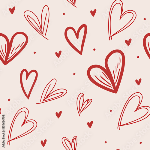 A playful seamless pattern of red hand-drawn hearts and dots on a light beige background, evoking warmth and romance.
