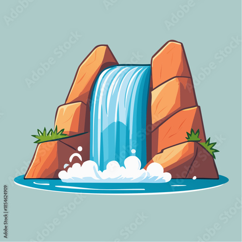 Cartoon illustration of a waterfall cascading between two rocky formations into a pool of water.