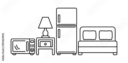 A microwave, nightstand with lamp, refrigerator, and sofa are depicted in this illustration.
