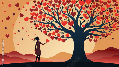 Woman reaching for hearts on a tree
